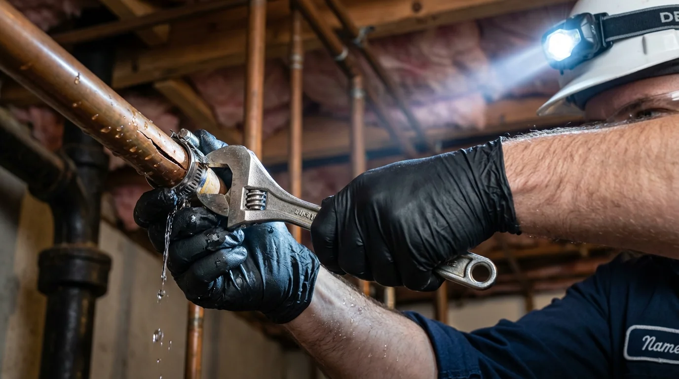 Emergency pipe clamp repair being performed by a Johns Plumbing LLC plumber in Lynn