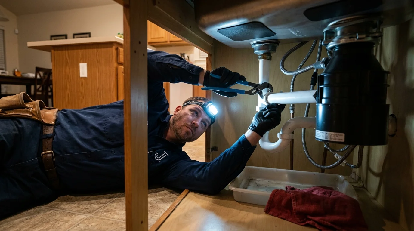 P-trap and supply line connections under a kitchen sink showing a common leak point in Lynn, MA